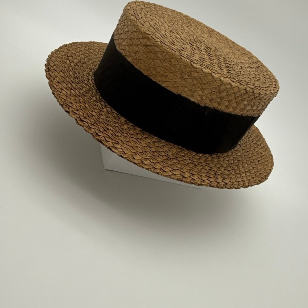 Vintage Boulevard New York Straw Boater Hat Men Brown Black Ribbon Skimmer Hat